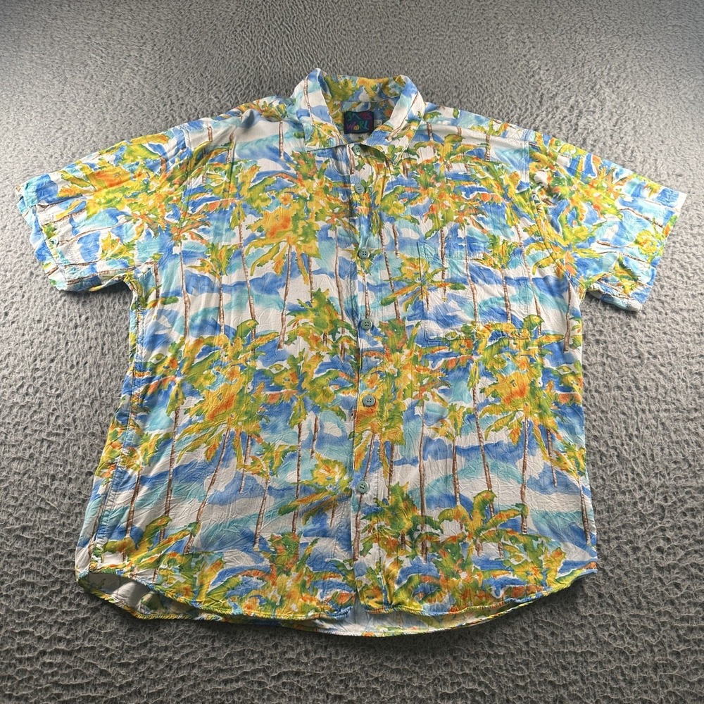 Vtg Jams World Shirt Mens L Coco Palm Tree Hawaiian Aloha Rayon Button Down